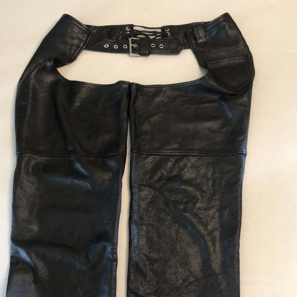 Wilson Leather Men’s Motorcycle Chaps Ties at Back Buckles in front Zip leg